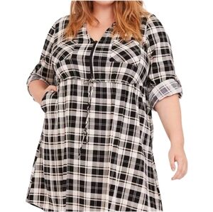 Torrid 5x Plaid Zip Front Black And White Dress With Pockets And Rollup Sleeves